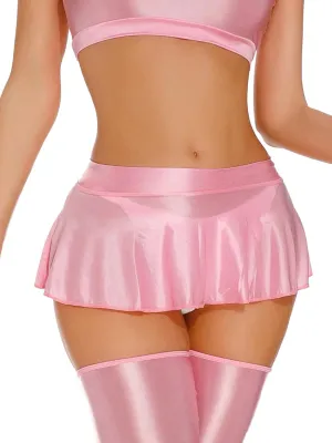 SEAUR Women's Shiny Oil Glossy Skirt Seamless Smooth Sexy Mini Ruffled Pleated Skirts