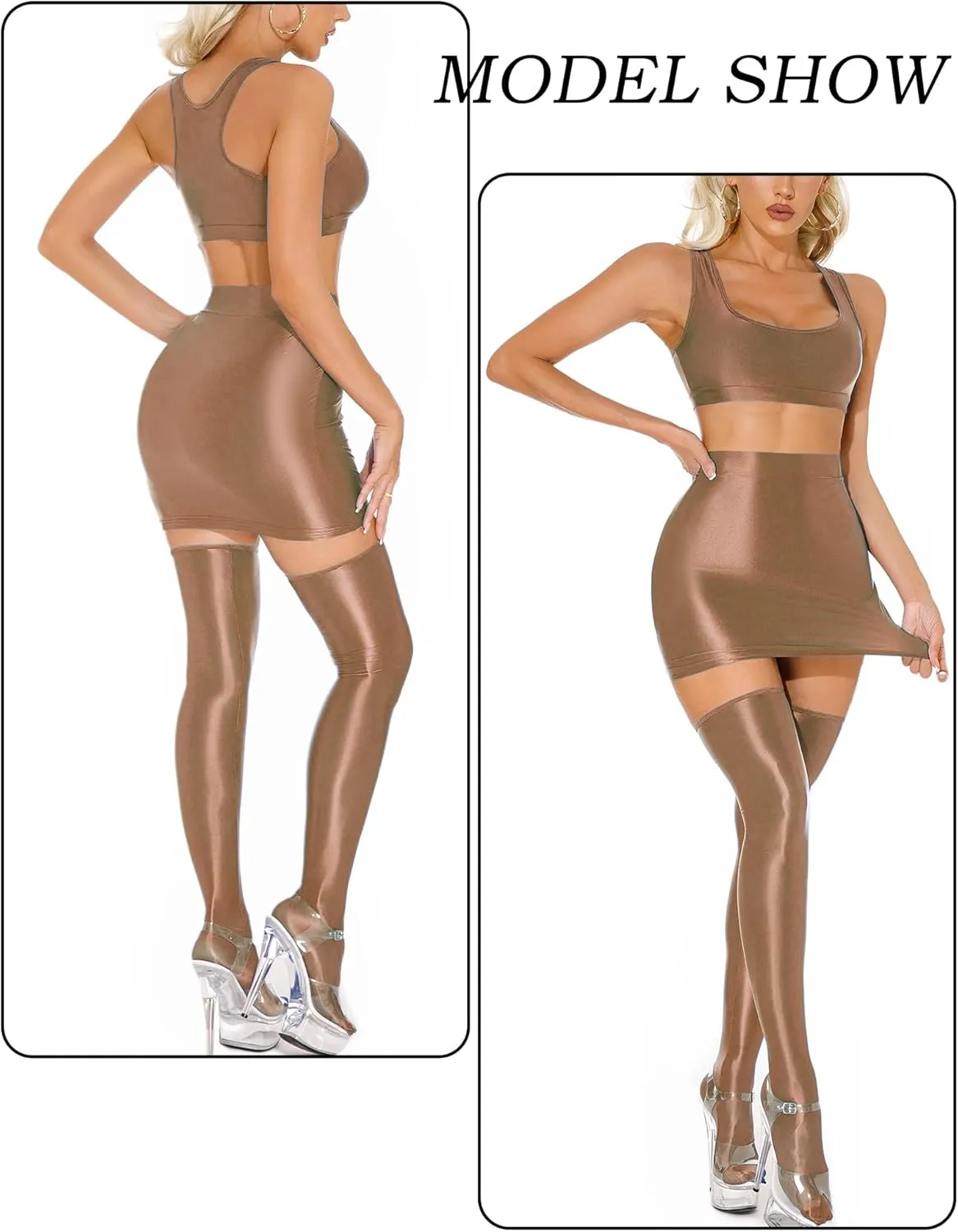 SEAUR Women's Shiny Oil Glossy Skirt Seamless Smooth Sexy Mini Ruffled Pleated Skirts