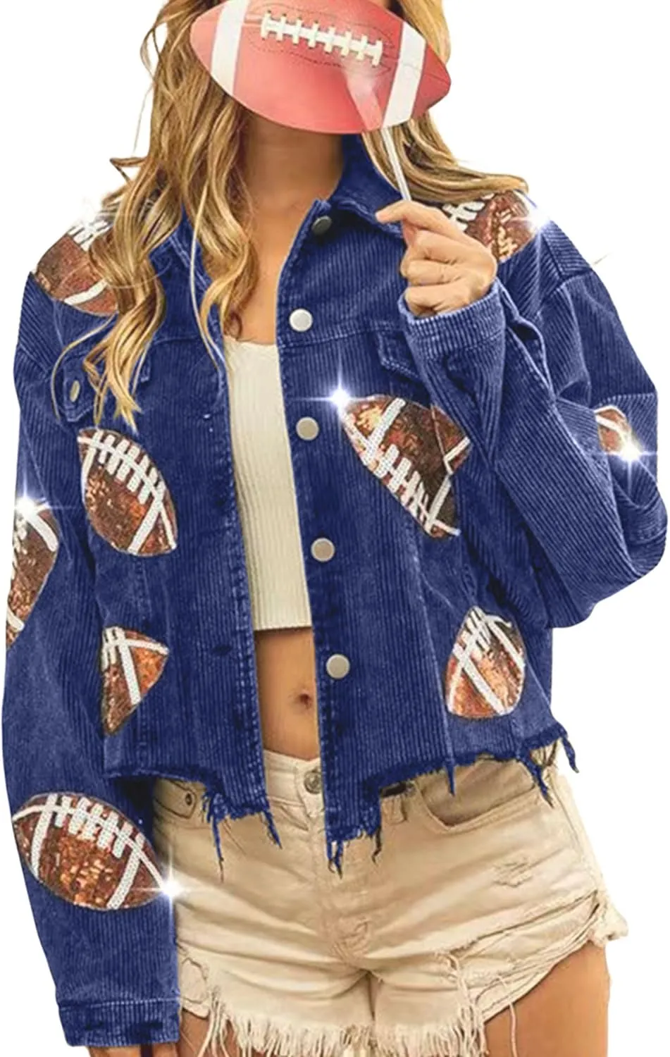 SeekMe Women's Cropped Corduroy Jacket Football Sequin Patched Short Button Raw Hem Jacket Coat