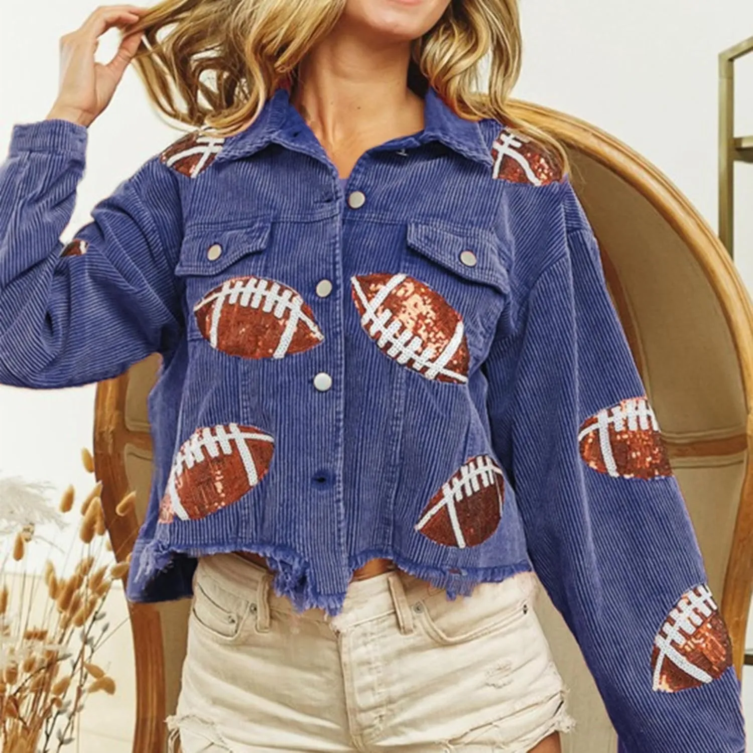 SeekMe Women's Cropped Corduroy Jacket Football Sequin Patched Short Button Raw Hem Jacket Coat