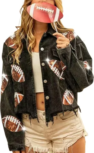 SeekMe Women's Cropped Corduroy Jacket Football Sequin Patched Short Button Raw Hem Jacket Coat
