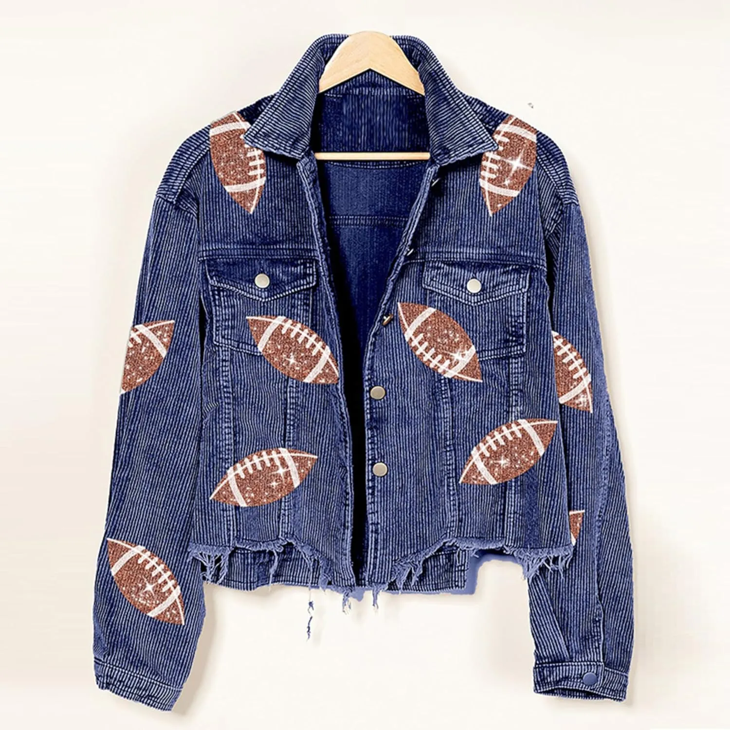 SeekMe Women's Cropped Corduroy Jacket Football Sequin Patched Short Button Raw Hem Jacket Coat