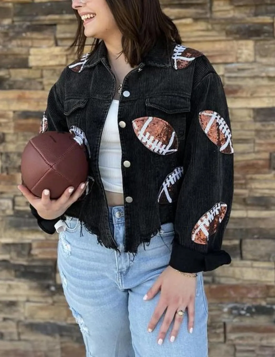 SeekMe Women's Cropped Corduroy Jacket Football Sequin Patched Short Button Raw Hem Jacket Coat