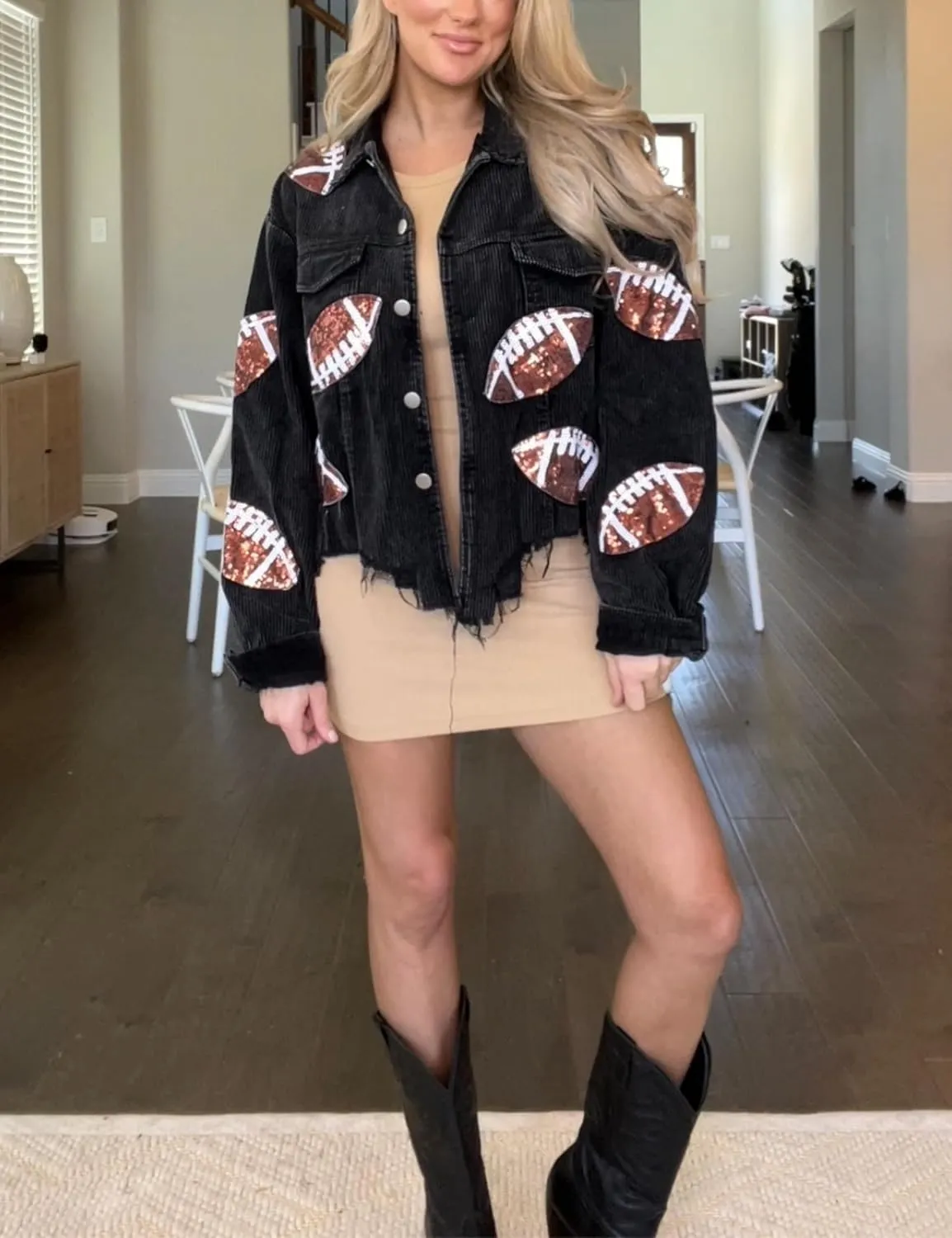 SeekMe Women's Cropped Corduroy Jacket Football Sequin Patched Short Button Raw Hem Jacket Coat