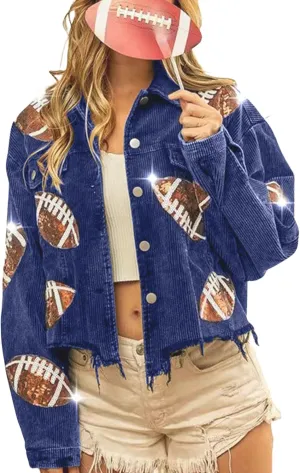 SeekMe Women's Cropped Corduroy Jacket Football Sequin Patched Short Button Raw Hem Jacket Coat