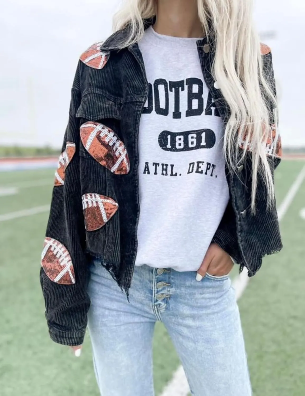 SeekMe Women's Cropped Corduroy Jacket Football Sequin Patched Short Button Raw Hem Jacket Coat