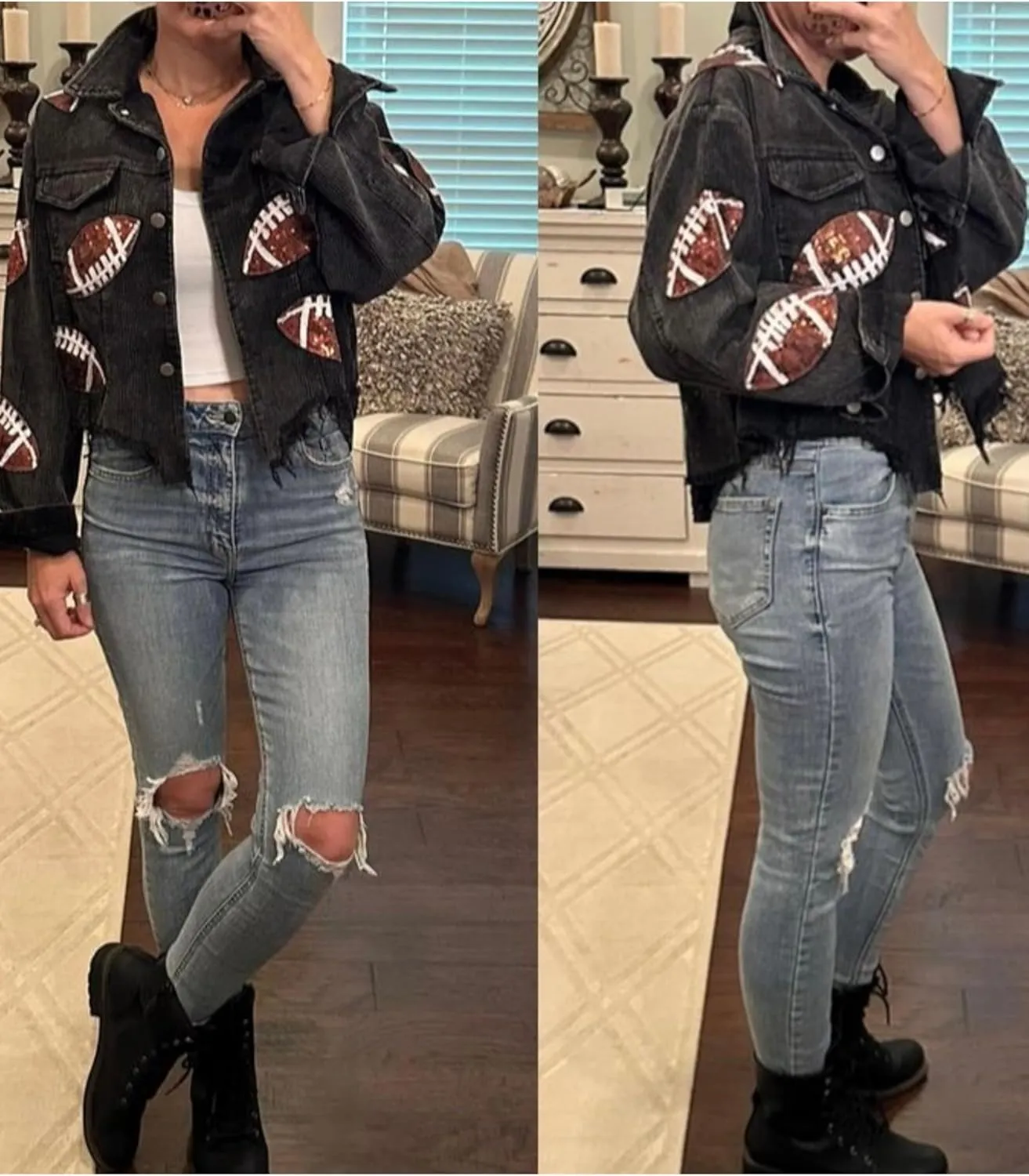 SeekMe Women's Cropped Corduroy Jacket Football Sequin Patched Short Button Raw Hem Jacket Coat