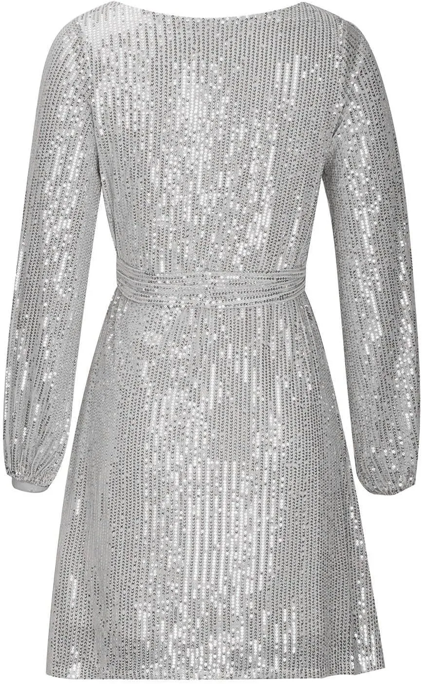 Sequin Dress for Women, Women's Long Sleeve Crewneck Sparkly Glitter Mini Dresses Formal Party Evening Dress with Belt