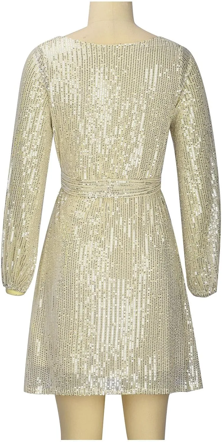 Sequin Dress for Women, Women's Long Sleeve Crewneck Sparkly Glitter Mini Dresses Formal Party Evening Dress with Belt
