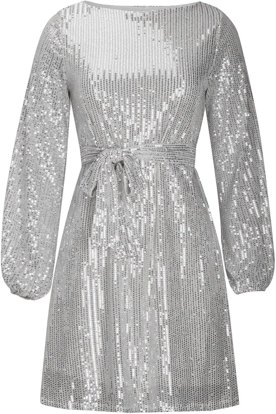 Sequin Dress for Women, Women's Long Sleeve Crewneck Sparkly Glitter Mini Dresses Formal Party Evening Dress with Belt