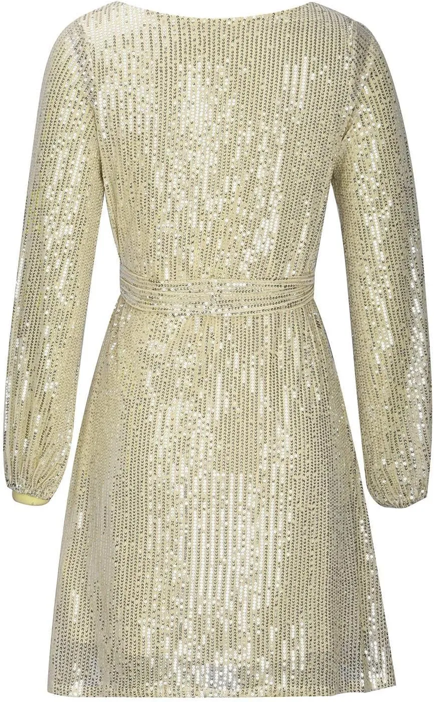 Sequin Dress for Women, Women's Long Sleeve Crewneck Sparkly Glitter Mini Dresses Formal Party Evening Dress with Belt