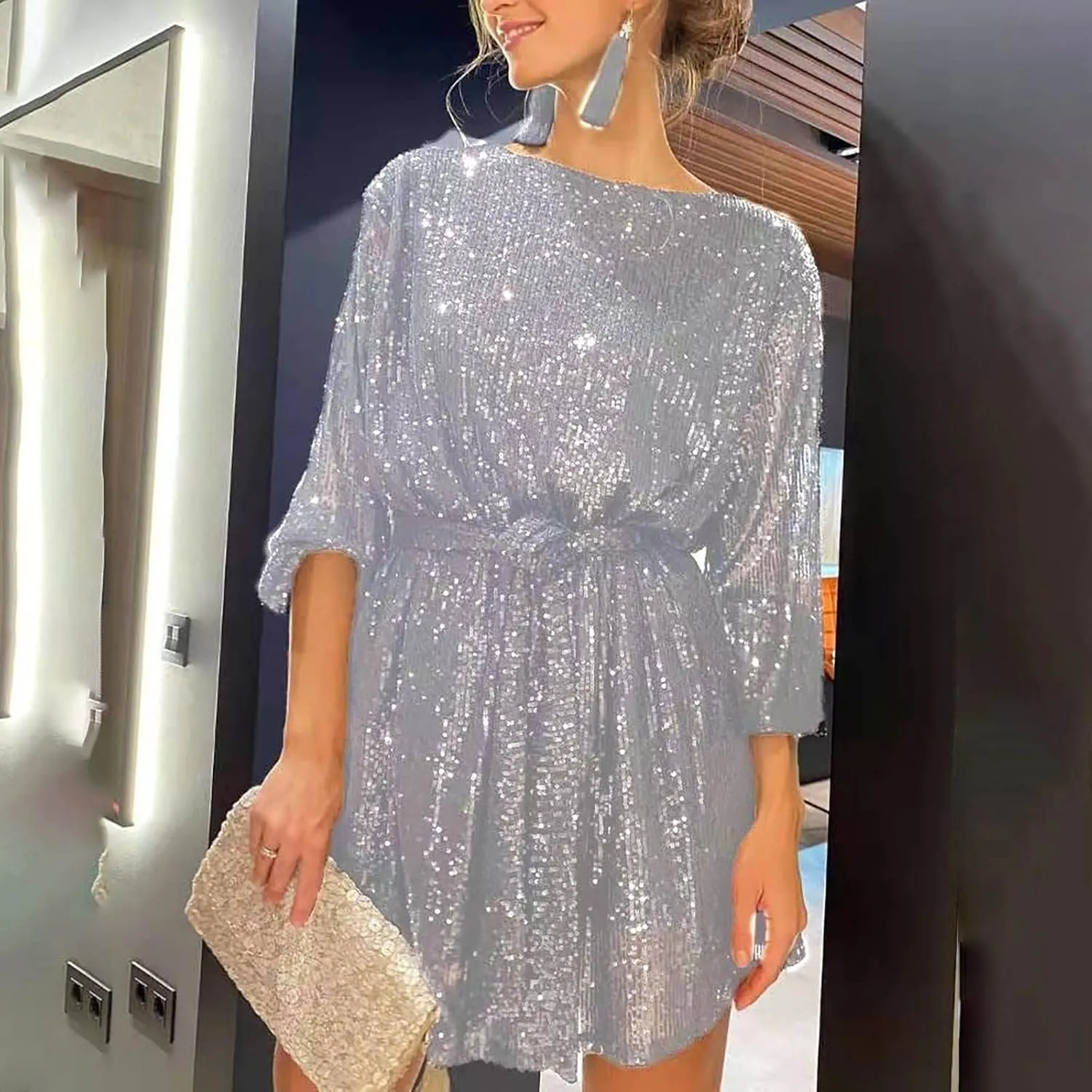 Sequin Dress for Women, Women's Long Sleeve Crewneck Sparkly Glitter Mini Dresses Formal Party Evening Dress with Belt