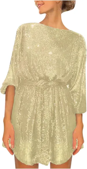 Sequin Dress for Women, Women's Long Sleeve Crewneck Sparkly Glitter Mini Dresses Formal Party Evening Dress with Belt