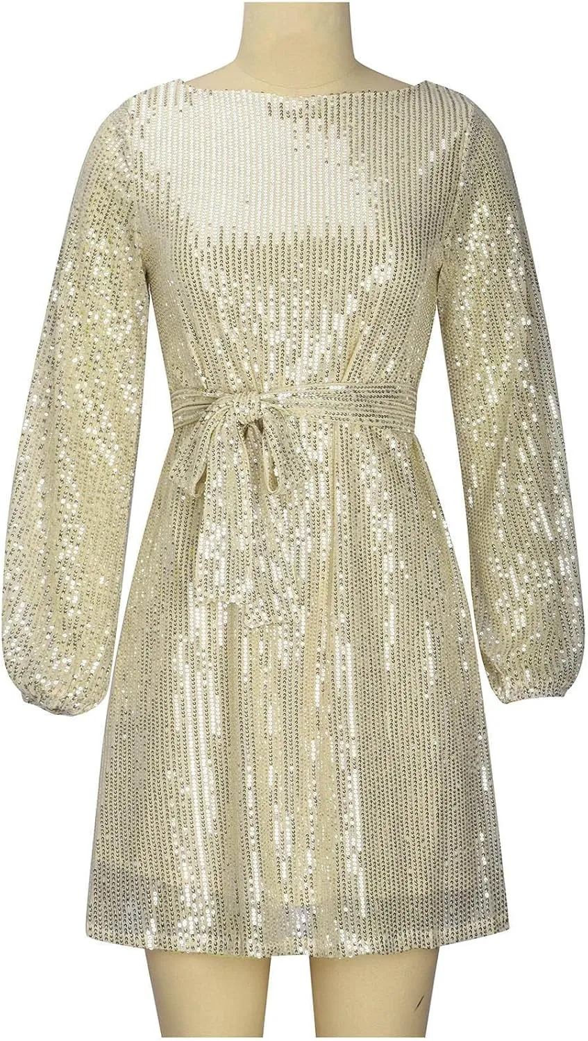 Sequin Dress for Women, Women's Long Sleeve Crewneck Sparkly Glitter Mini Dresses Formal Party Evening Dress with Belt
