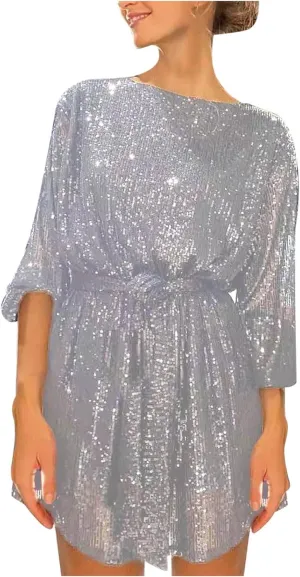 Sequin Dress for Women, Women's Long Sleeve Crewneck Sparkly Glitter Mini Dresses Formal Party Evening Dress with Belt