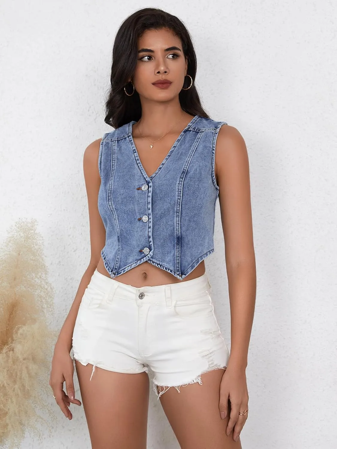SHENHE Women's Denim Vest Button Down Sleeveless Jean Vest Top Y2K Cropped Denim Jacket Country Fashion Western Clothes