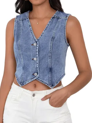 SHENHE Women's Denim Vest Button Down Sleeveless Jean Vest Top Y2K Cropped Denim Jacket Country Fashion Western Clothes