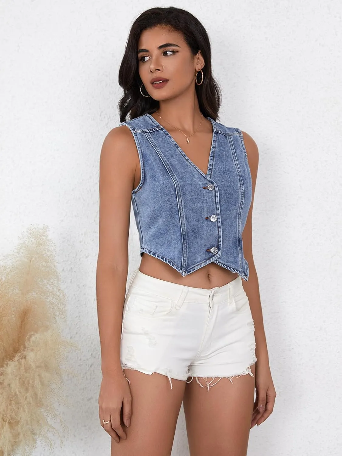 SHENHE Women's Denim Vest Button Down Sleeveless Jean Vest Top Y2K Cropped Denim Jacket Country Fashion Western Clothes