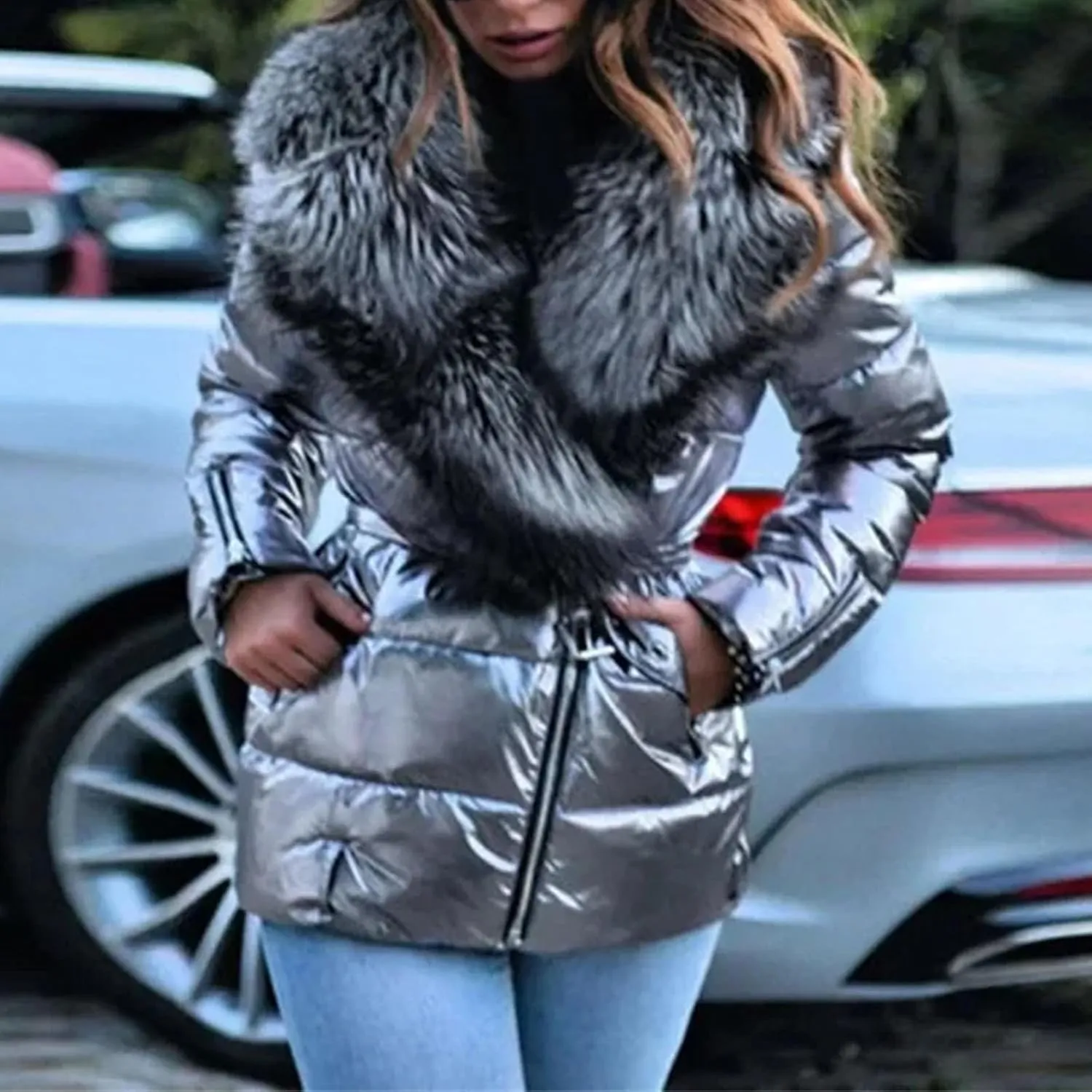 Short Jackets Outwear Keep Warm Down Cotton Padded Parkas Women Glossy Big Furs Collar Cotton-padded Clothes Coat