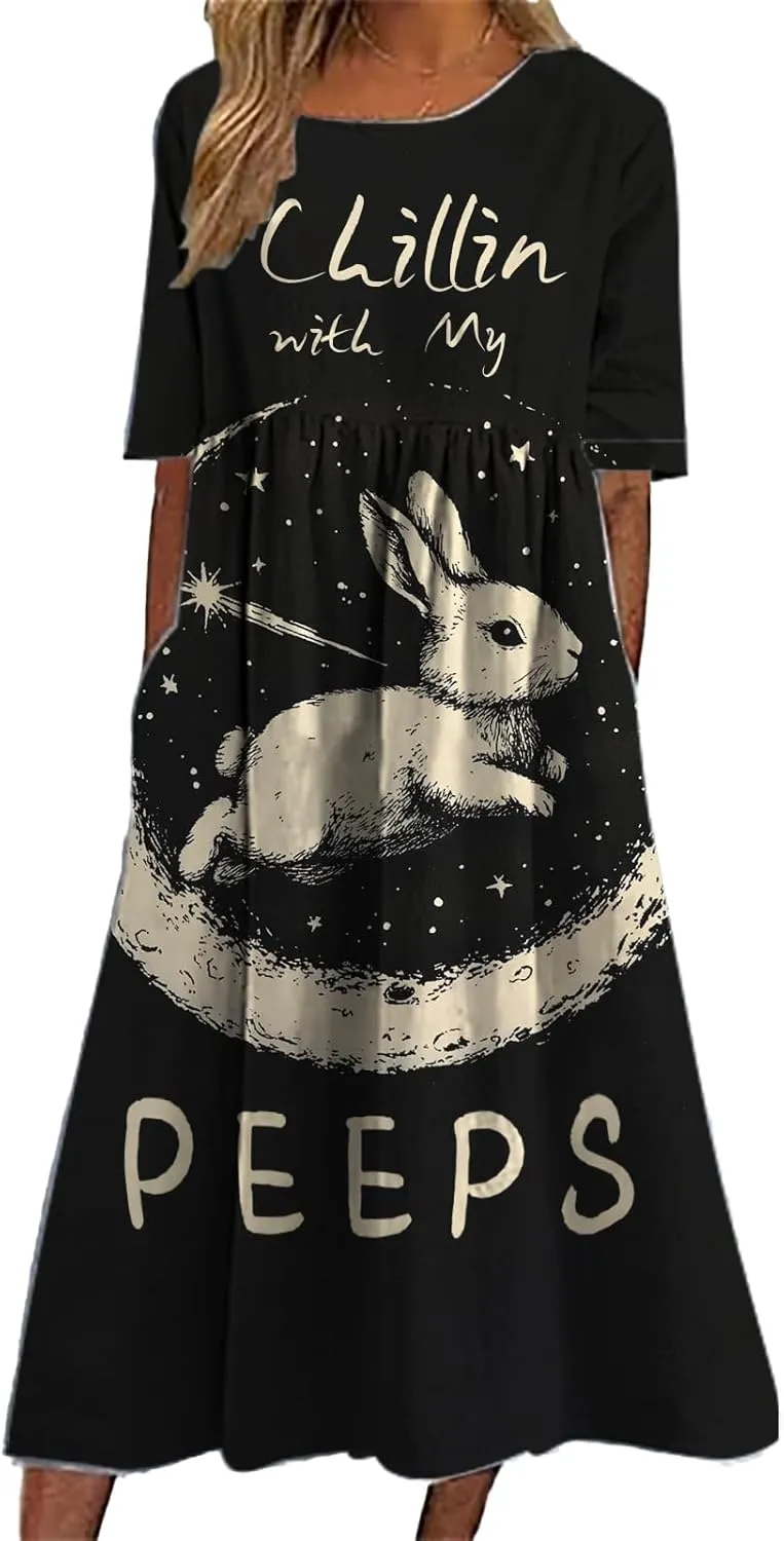 Short Sleeve Easter Dress for Women 2025 Spring Trendy Bunny Egg Print Crew Neck Midi Dress Sundress with Pockets