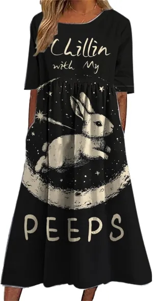 Short Sleeve Easter Dress for Women 2025 Spring Trendy Bunny Egg Print Crew Neck Midi Dress Sundress with Pockets