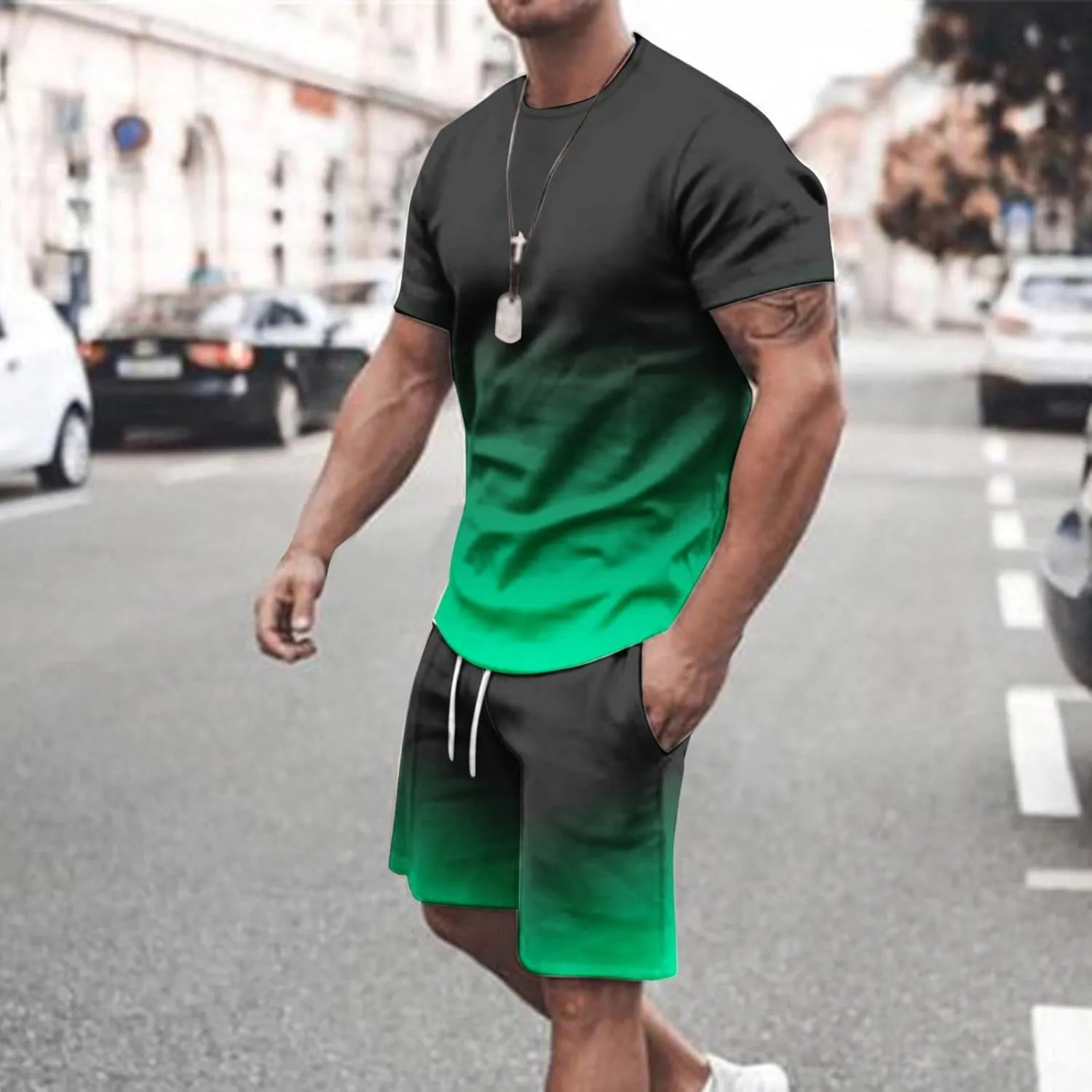 Sinzelimin Sport Casual Set for Men Two Piece Tracksuit O-Neck Short Sleeves Tees Shirts Shorts Sweatpant Jogger Workout Suit