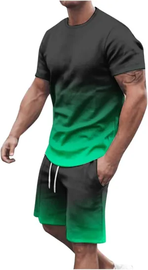 Sinzelimin Sport Casual Set for Men Two Piece Tracksuit O-Neck Short Sleeves Tees Shirts Shorts Sweatpant Jogger Workout Suit