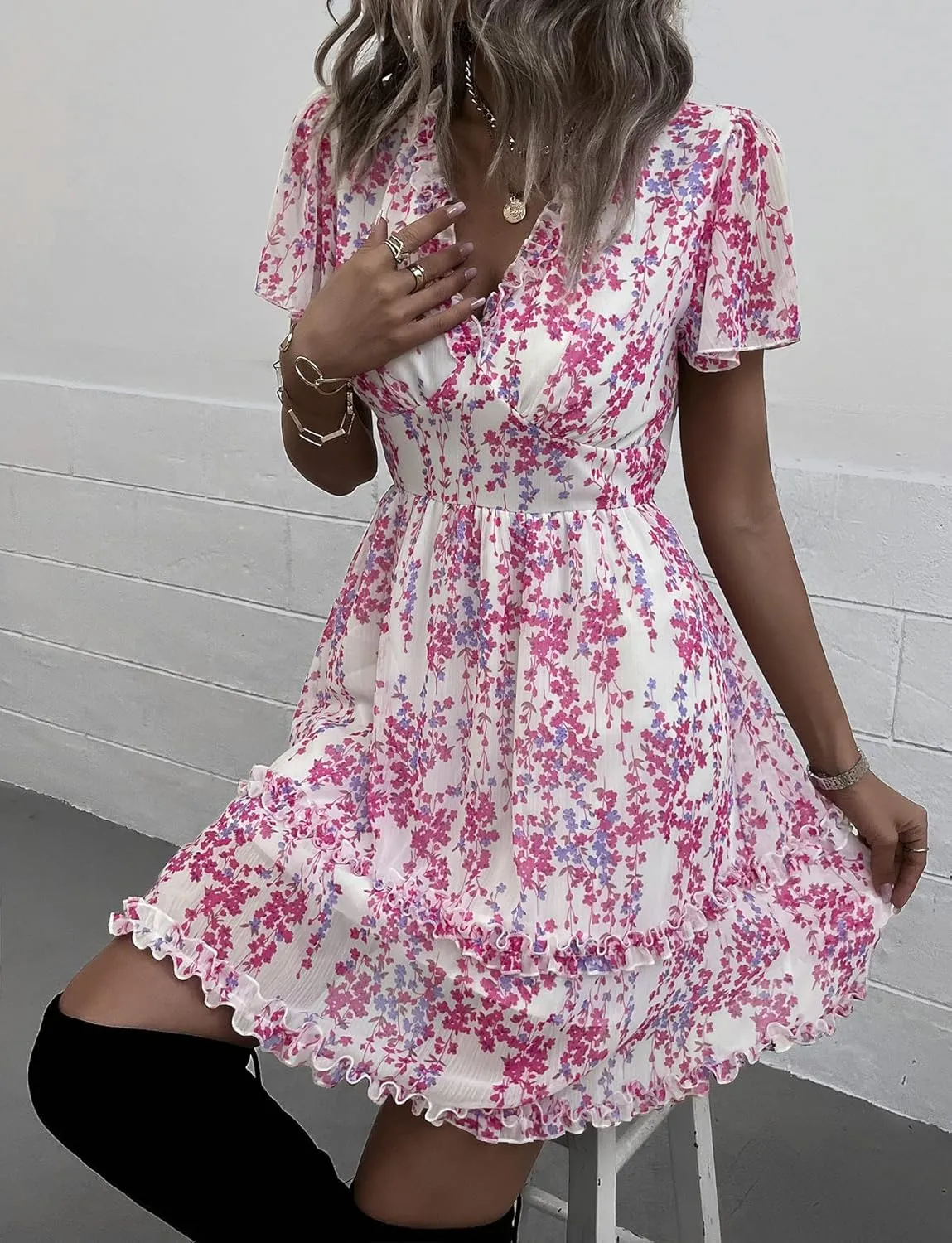 Sister Amy Women's 2023 Spring Summer Deep V Neck Ruffle Long Sleeve Floral Print Mini Dress