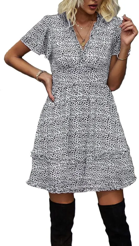 Sister Amy Women's 2023 Spring Summer Deep V Neck Ruffle Long Sleeve Floral Print Mini Dress