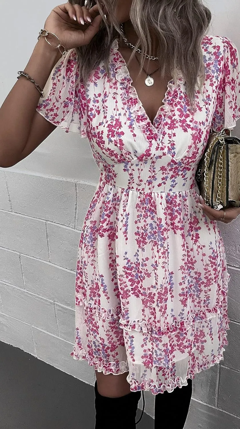 Sister Amy Women's 2023 Spring Summer Deep V Neck Ruffle Long Sleeve Floral Print Mini Dress