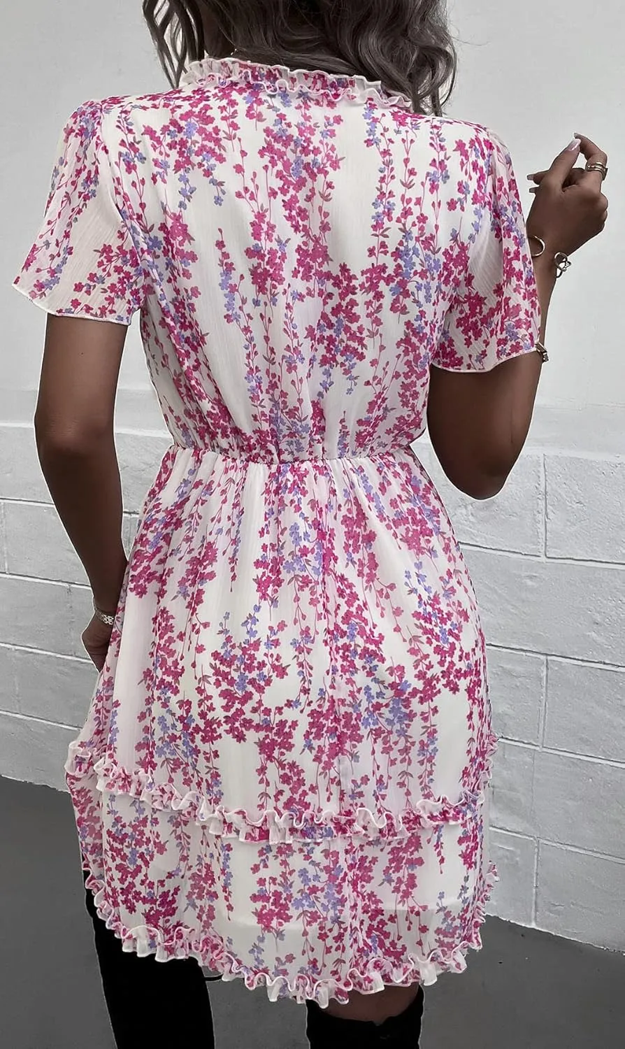 Sister Amy Women's 2023 Spring Summer Deep V Neck Ruffle Long Sleeve Floral Print Mini Dress