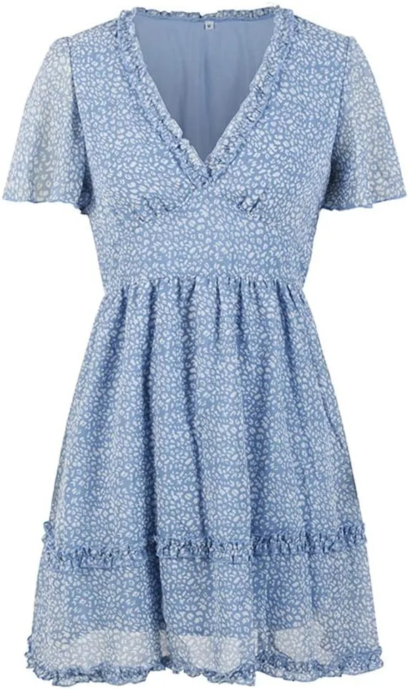 Sister Amy Women's 2023 Spring Summer Deep V Neck Ruffle Long Sleeve Floral Print Mini Dress