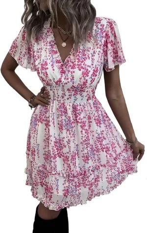 Sister Amy Women's 2023 Spring Summer Deep V Neck Ruffle Long Sleeve Floral Print Mini Dress