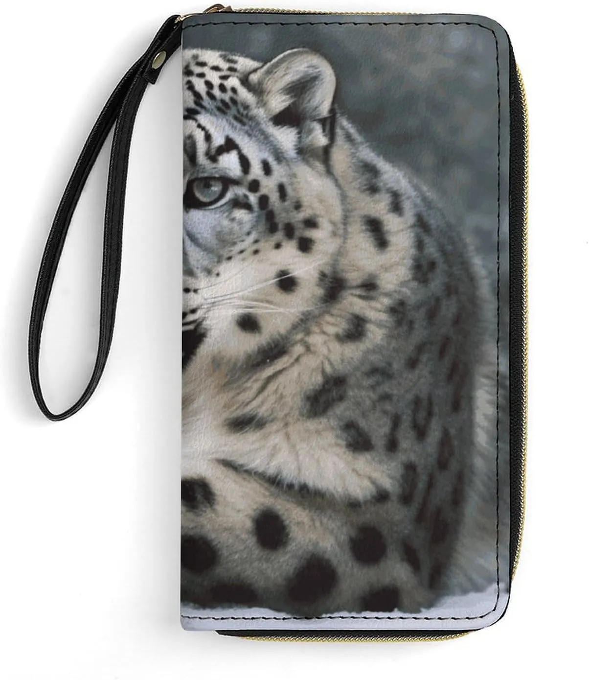 Snow Leopard Leather Wallet Smooth Zip Around Clutch Wristlet Travel Long Soft Purse for Women