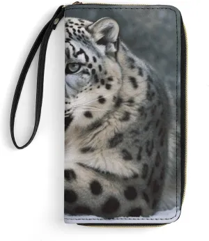 Snow Leopard Leather Wallet Smooth Zip Around Clutch Wristlet Travel Long Soft Purse for Women