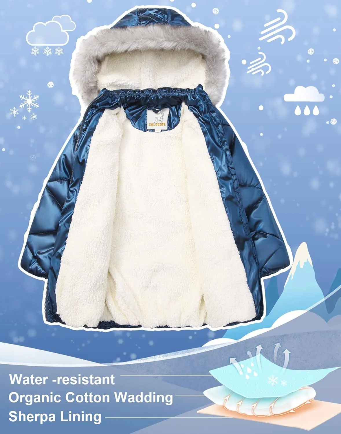SOLOCOTE Girls Winter Coats Hooded Sherpa Lined Lightweight Jacket Thick Warm Puffy Waterproof Windproof Cotton Shiny Jackets