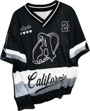 SOLY HUX Men's Y2k Jersey Shirts Mesh Letter Graphic Tees V Neck Short Sleeve T Shirt Loose Tops
