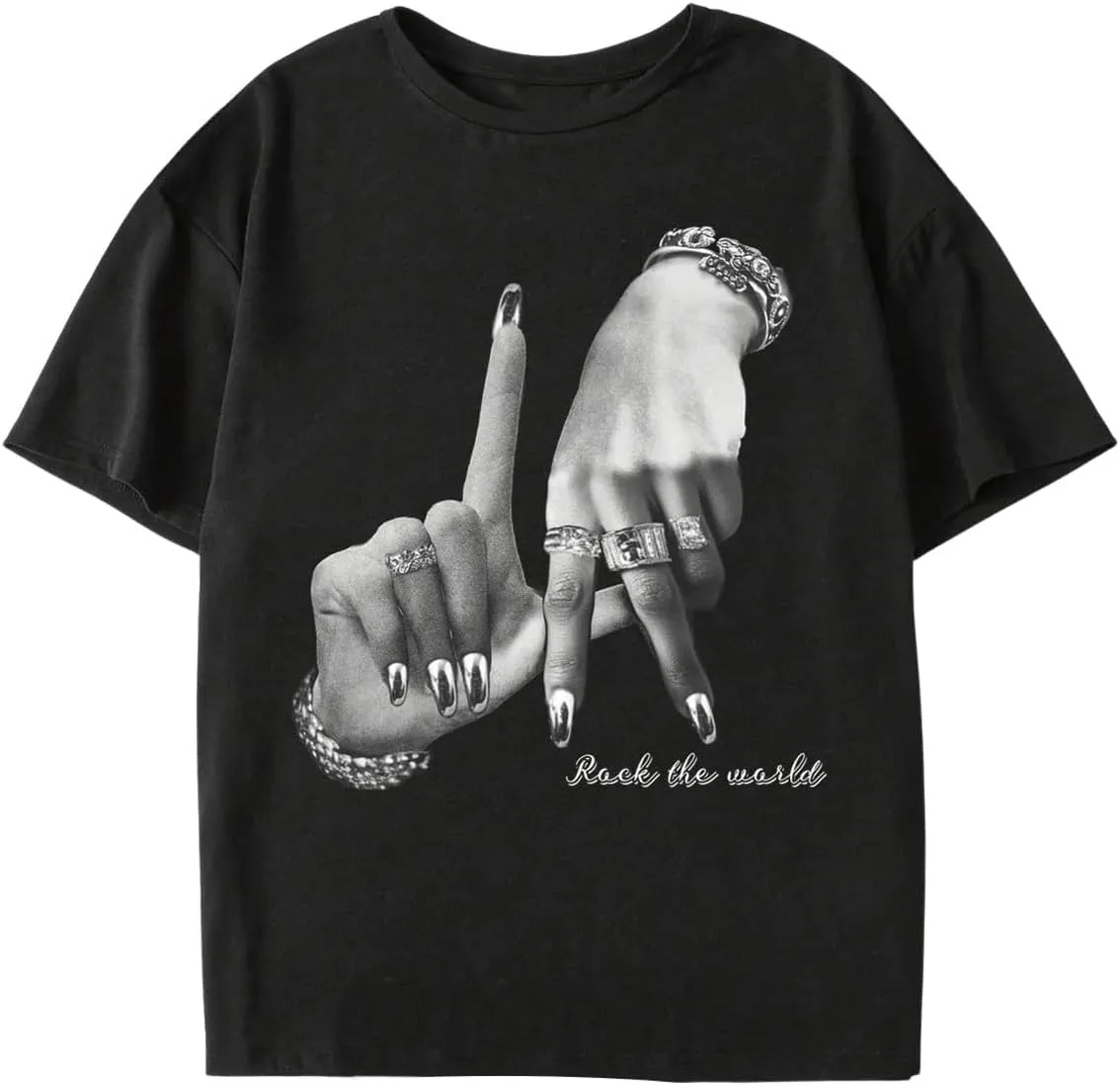 SOLY HUX Women's Graphic Tees Crew Neck Short Sleeve Gesture Print T Shirt Vintage Streetwear Tops
