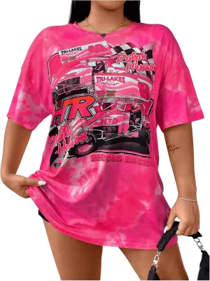 SOLY HUX Women's Plus Size Graphic Tees Y2k Drop Shoulder Tie Dye Letter Car Print T Shirt Oversized Summer Tops