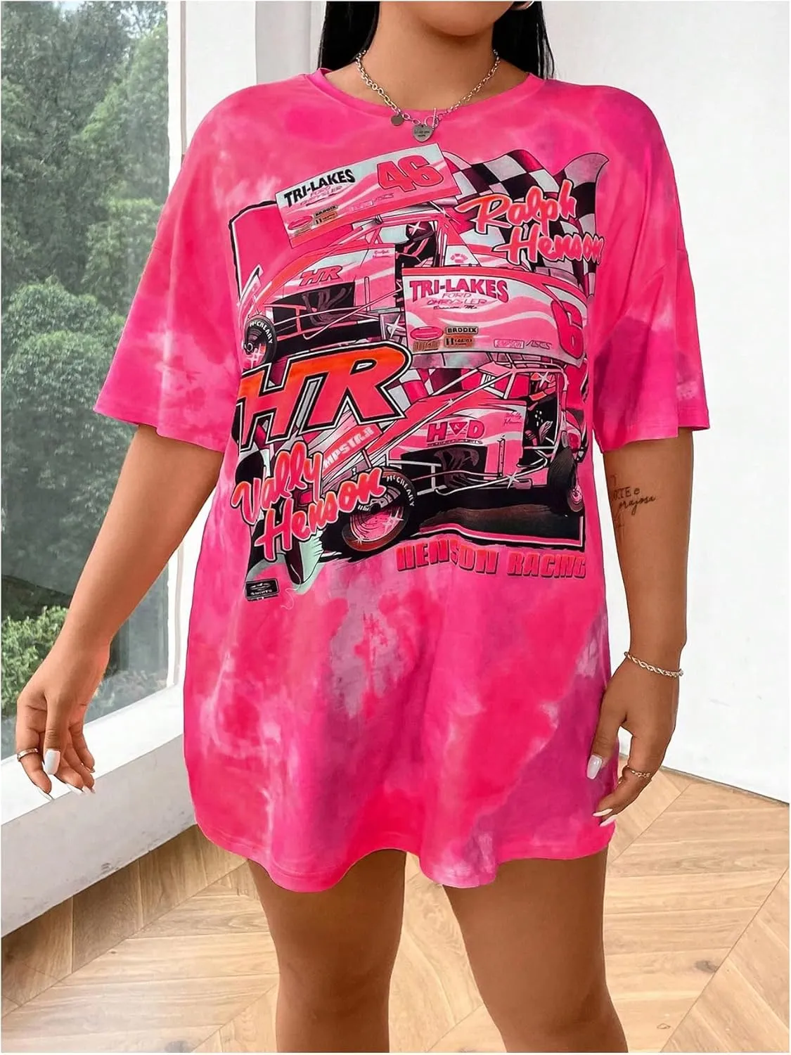 SOLY HUX Women's Plus Size Graphic Tees Y2k Drop Shoulder Tie Dye Letter Car Print T Shirt Oversized Summer Tops