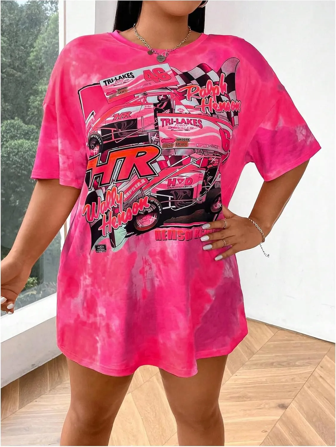 SOLY HUX Women's Plus Size Graphic Tees Y2k Drop Shoulder Tie Dye Letter Car Print T Shirt Oversized Summer Tops