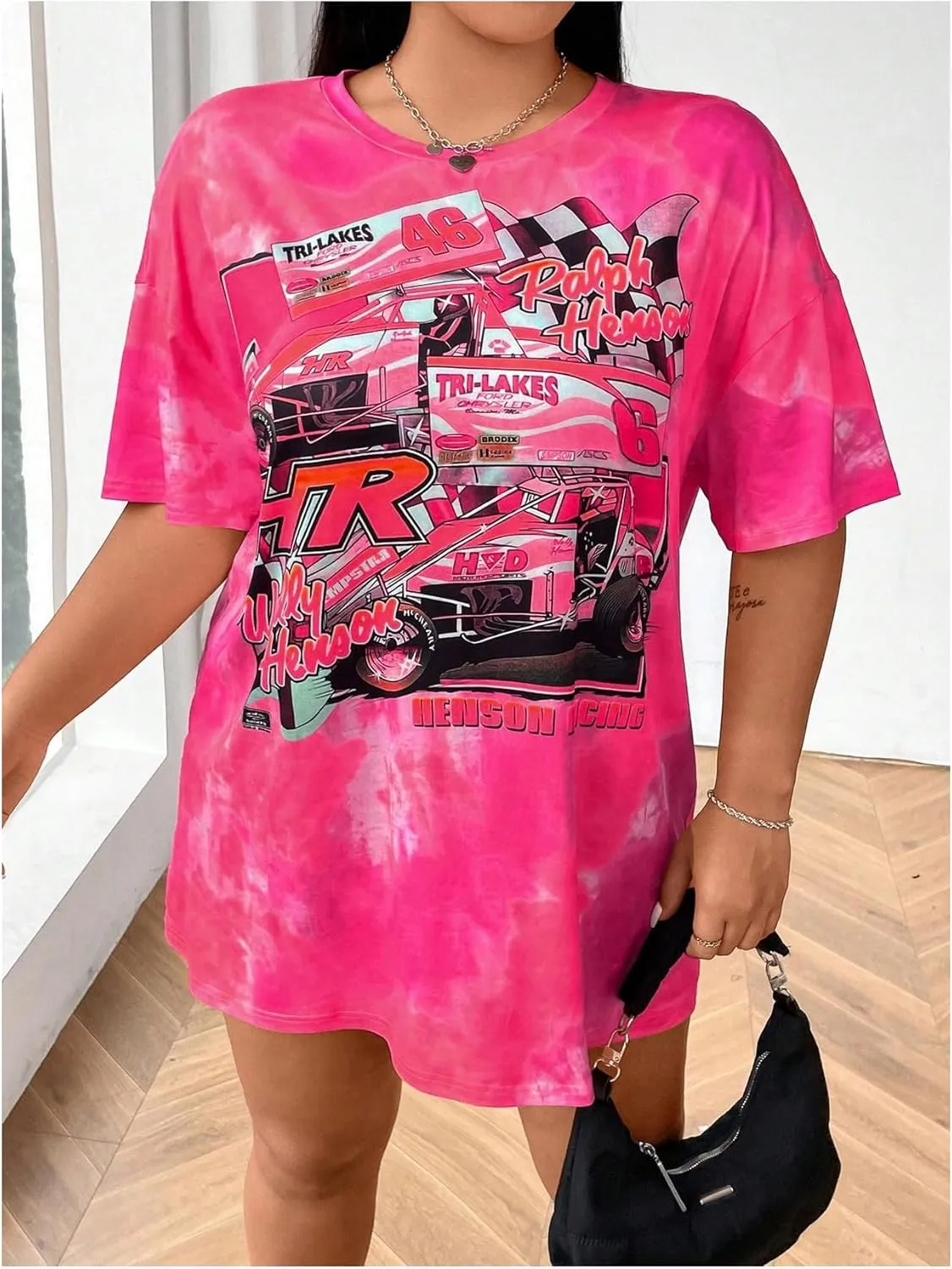 SOLY HUX Women's Plus Size Graphic Tees Y2k Drop Shoulder Tie Dye Letter Car Print T Shirt Oversized Summer Tops
