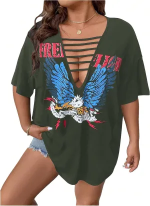SOLY HUX Women's Plus Size Letter Graphic Tees Cut Out Deep V Neck Half Sleeve T Shirts Tops