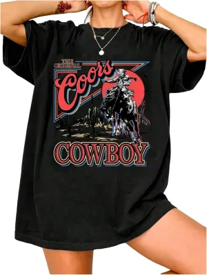 SOLY HUX Women's Vintage Graphic Tees Half Sleeve Cowboy Print Oversized T Shirt Streetwear Summer Tops