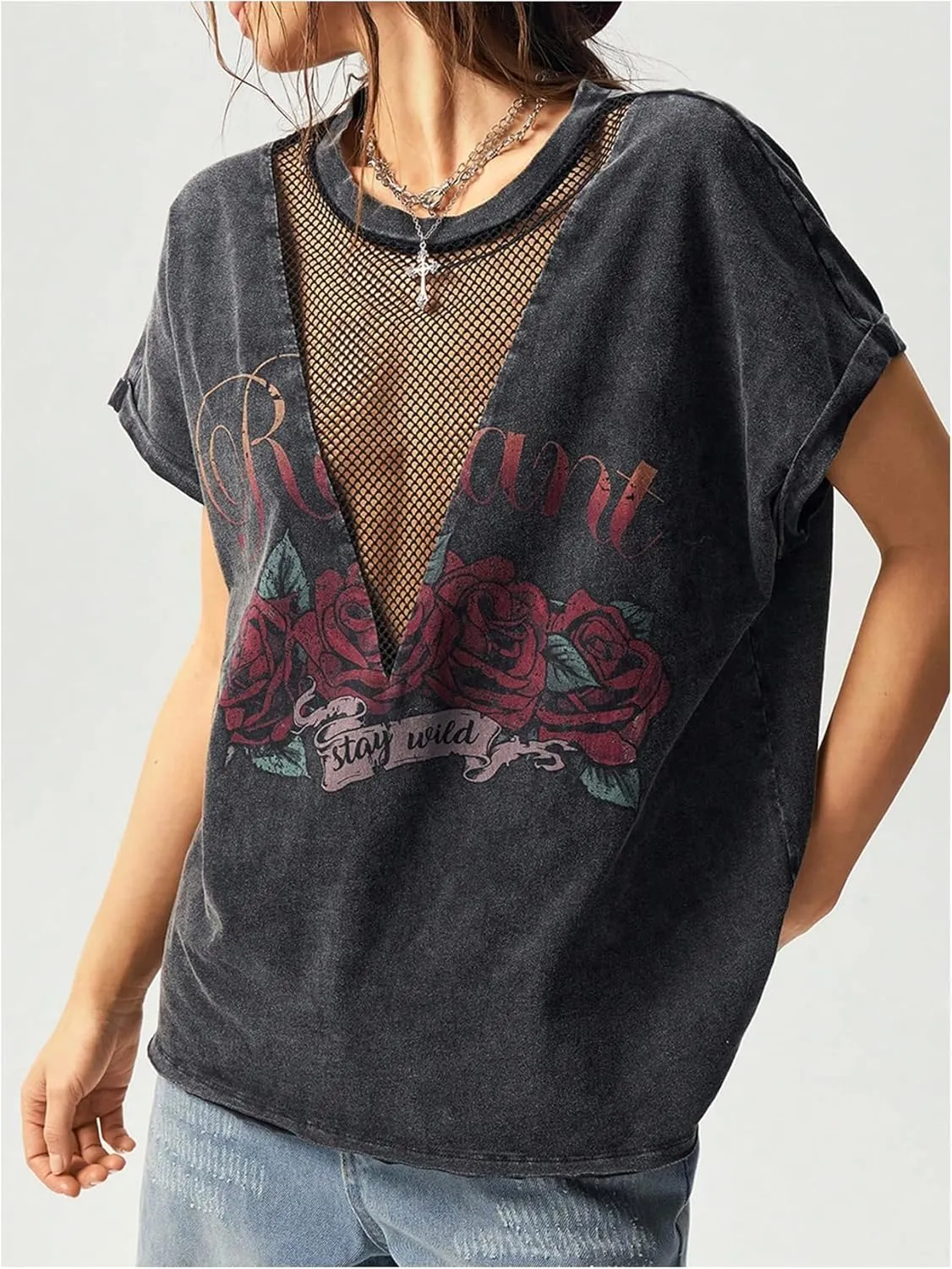 SOLY HUX Women's Vintage Graphic Tees Mesh Short Sleeve Goth Y2k T Shirt Summer Tops Streetwear