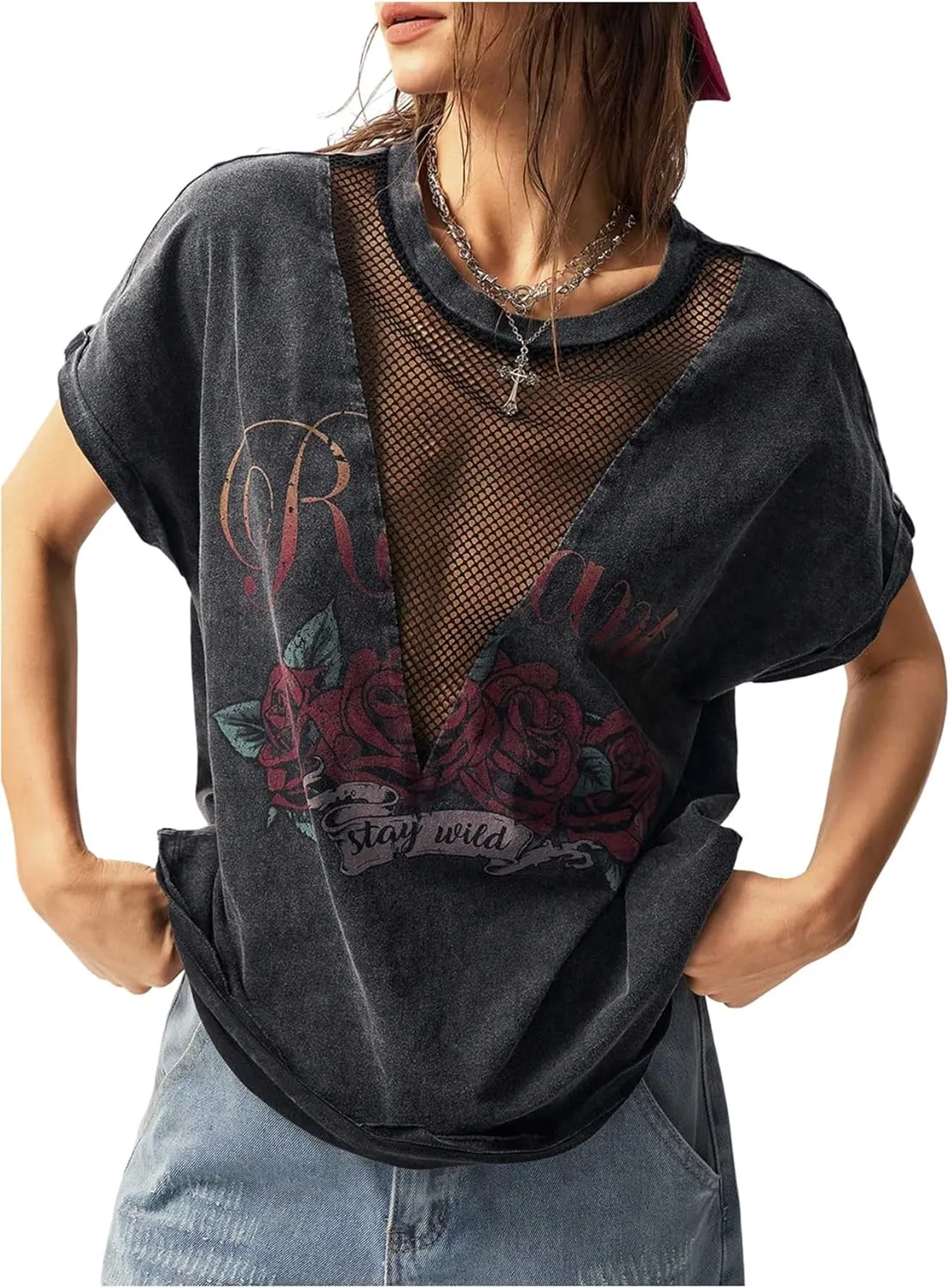 SOLY HUX Women's Vintage Graphic Tees Mesh Short Sleeve Goth Y2k T Shirt Summer Tops Streetwear