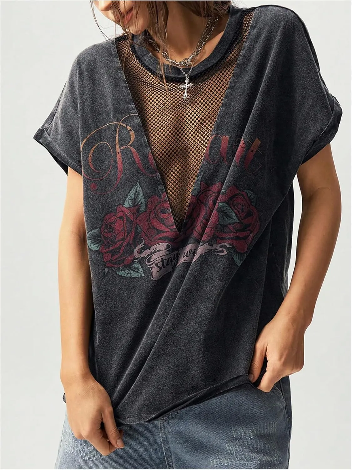 SOLY HUX Women's Vintage Graphic Tees Mesh Short Sleeve Goth Y2k T Shirt Summer Tops Streetwear