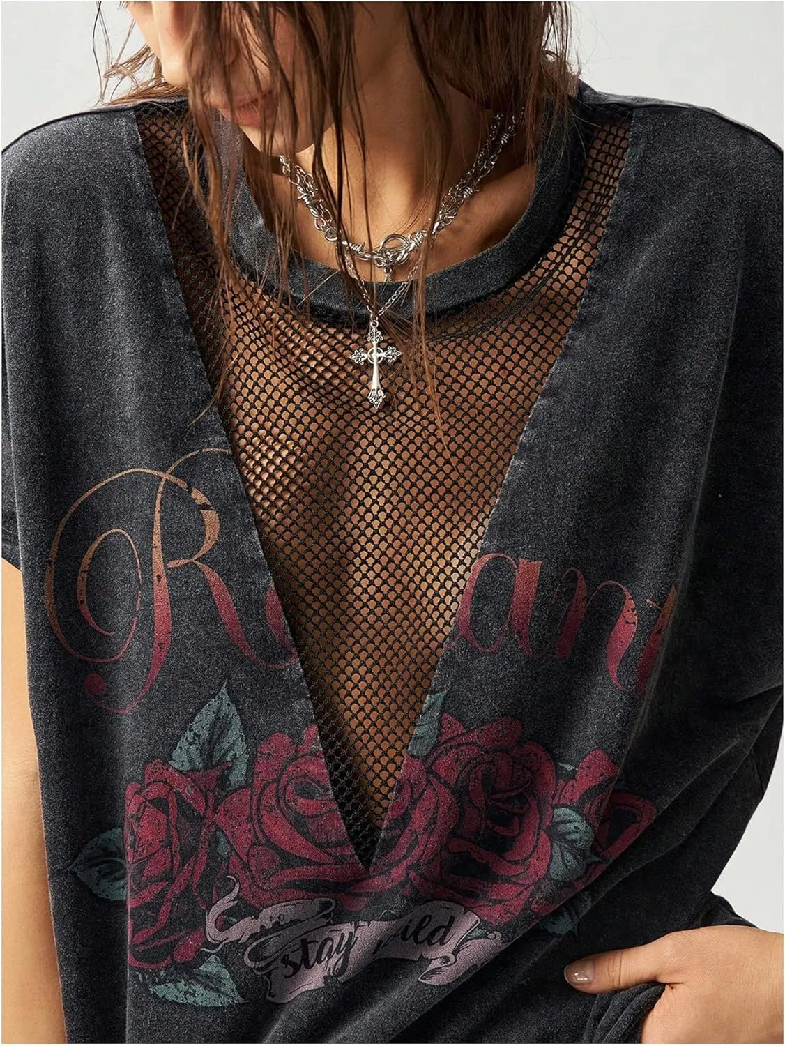 SOLY HUX Women's Vintage Graphic Tees Mesh Short Sleeve Goth Y2k T Shirt Summer Tops Streetwear