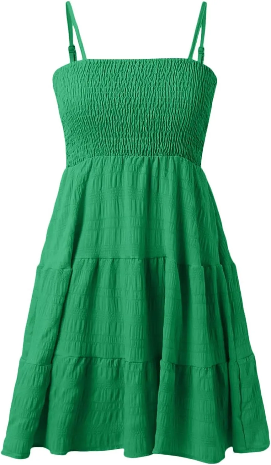 Summer Dresses for Women 2024 Spaghetti Strap Waist Ruffle Mini Dress Sleeveless Smocked Sundress A Line Tiered Dress