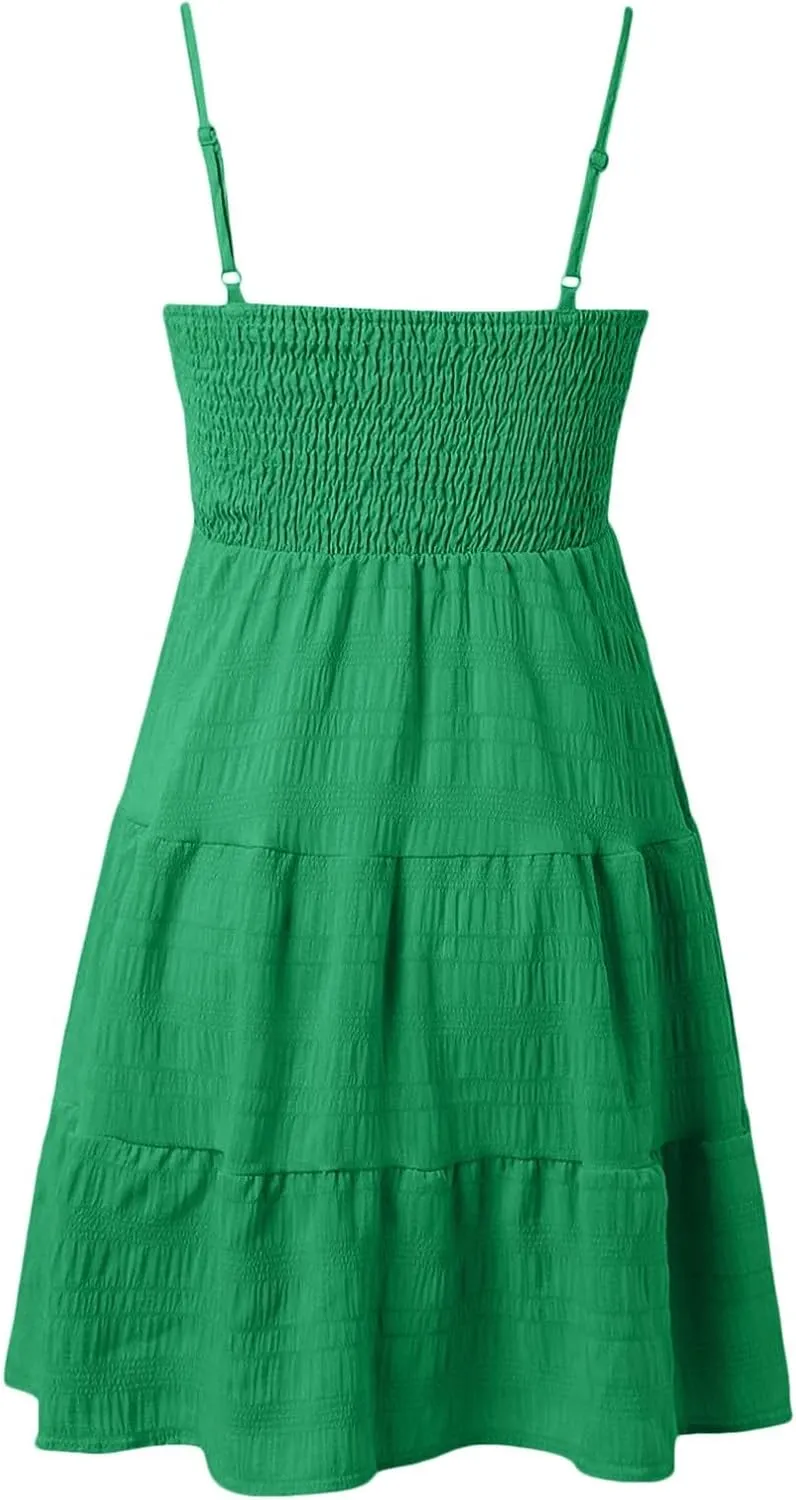 Summer Dresses for Women 2024 Spaghetti Strap Waist Ruffle Mini Dress Sleeveless Smocked Sundress A Line Tiered Dress